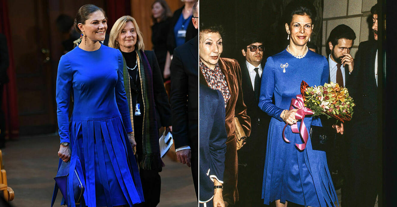 Kronprinsessan Victoria och drottning Silvia i samma blå klänning.