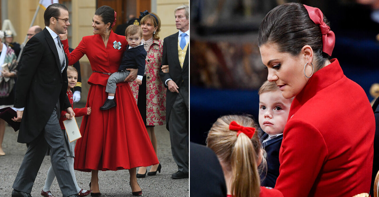Kronprinsessan Victoria i juligt röd outfit vid prins Gabriels dop.