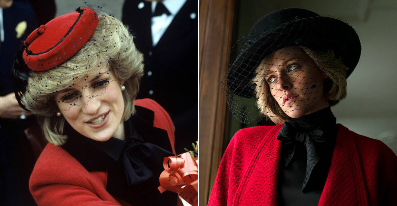 Diana i röd kavaj och hatt samt en bild på Kristen Stewart i filmen Spencer klädd i en kopia av Dianas look.
