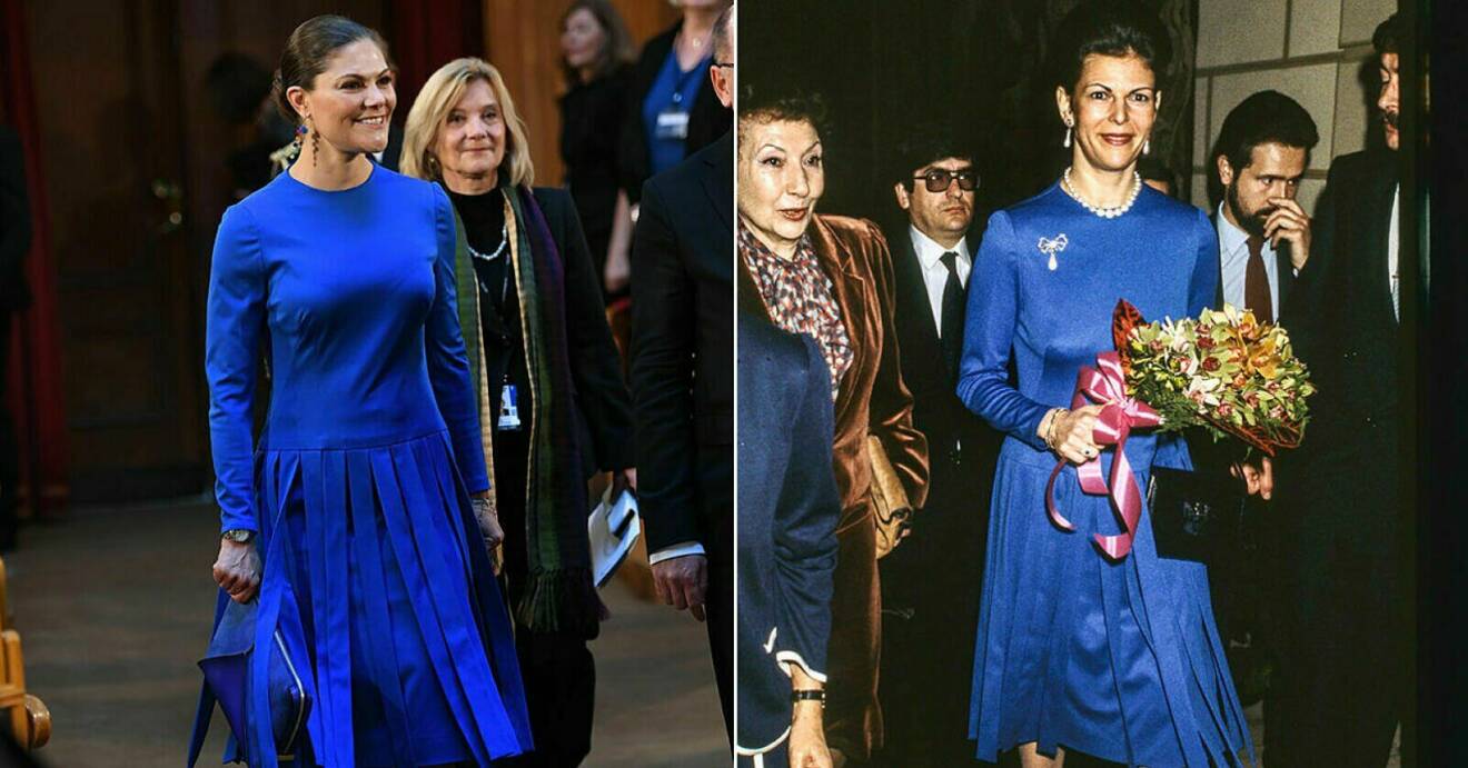 Kronprinsessan Victoria lånade drottning Silvias blåa klänning som hon bar 1983.