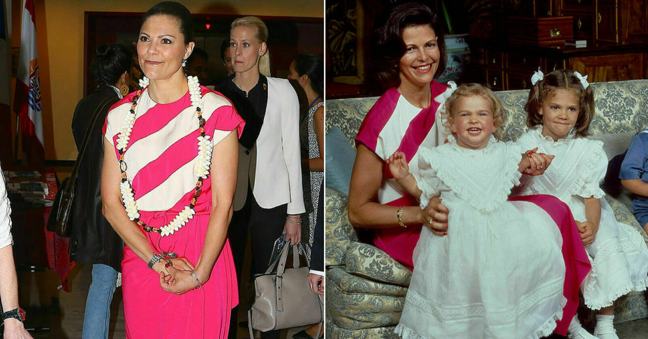Kronprinsessan Victoria återanvände drottning Silvias 33 år gamla klänning i vit och cerisfärgade ränder.