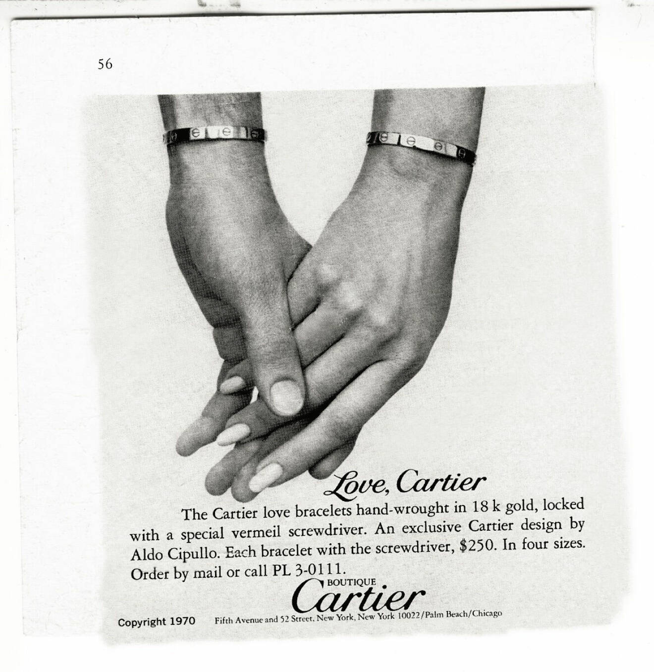 Annons från 1970 med Cariters Love Bracelet.
