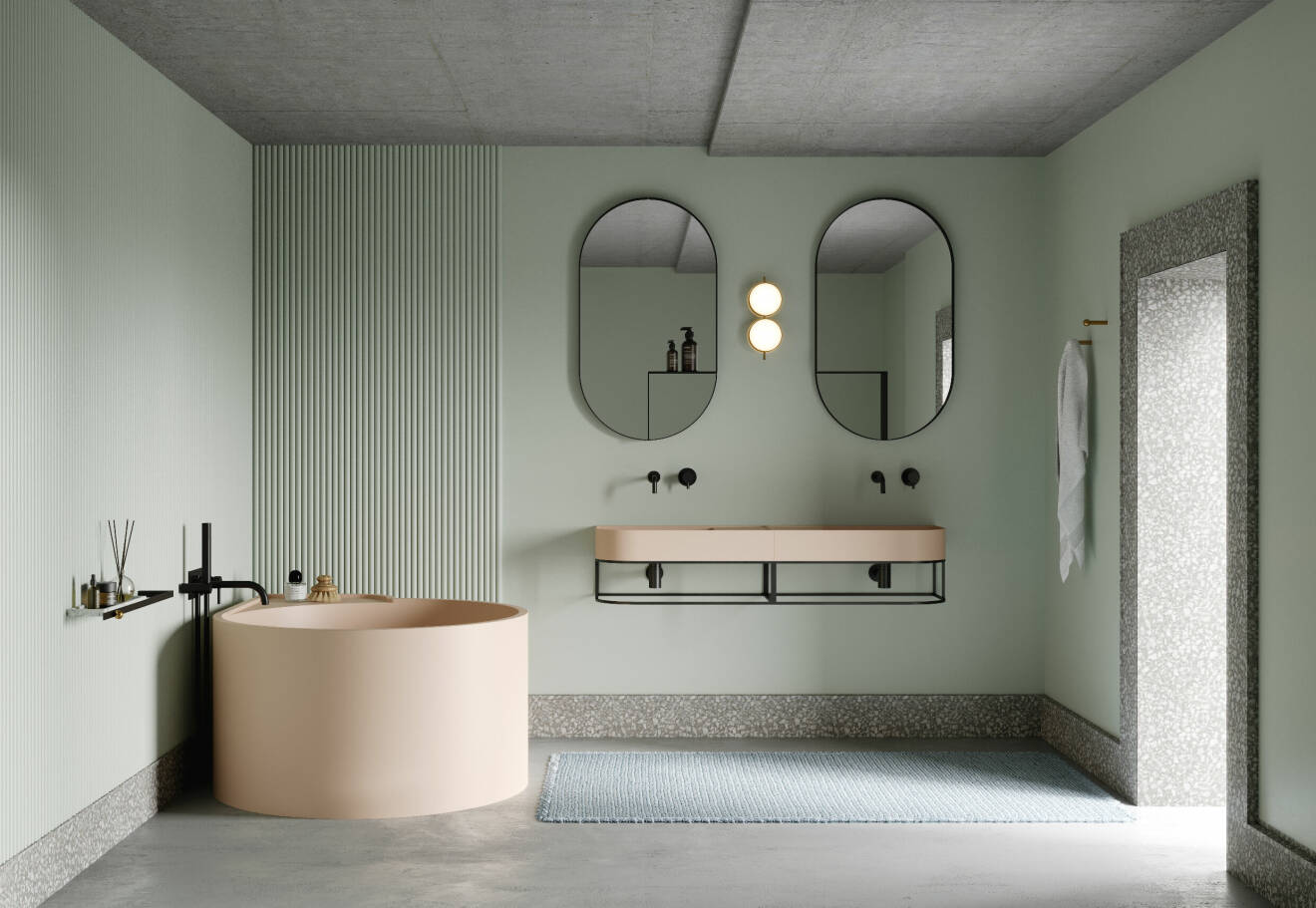 trendig badrumsinspiration med pastellfärger och svarta detaljer