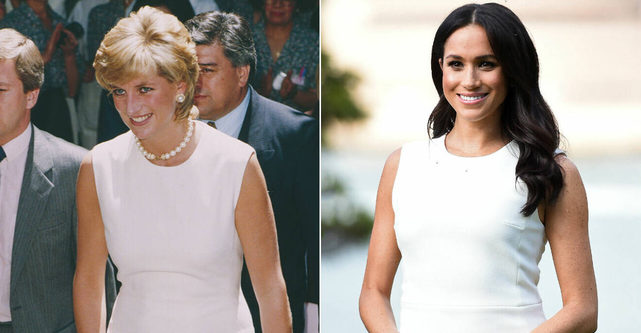 Diana och Meghan i vita klänningar som är lika varandra.