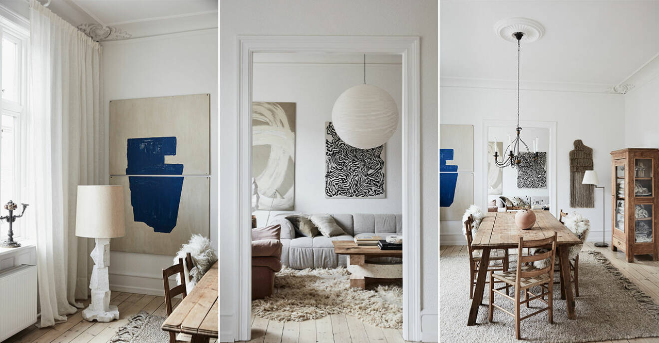 Auktionsfyndade möbler och abstrakt konst i sekelskiftesvåningen i Köpenhamn