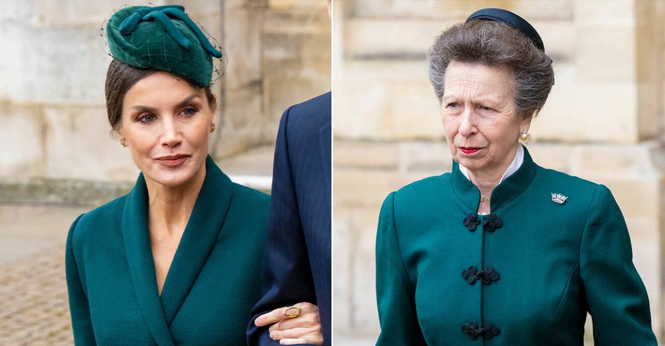Drottning Letizia och prinsessan Anne i gröna kappor.