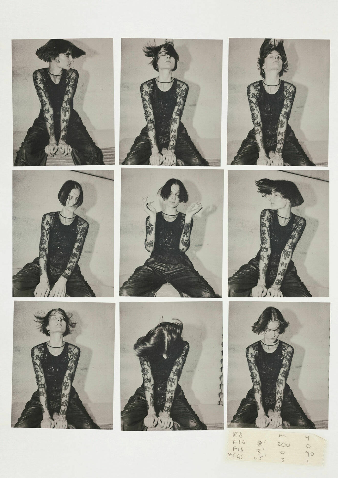 Kollage med nio bilder på modellen som har på sig en mönstrad blus och svarta byxor från Isabel Marant