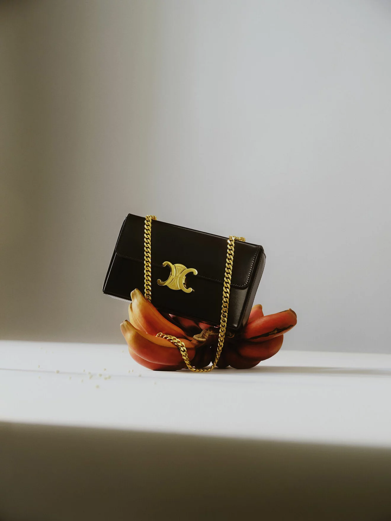 Liten svart handväska med guldig axelrem från Celine by Hedi Slimane.