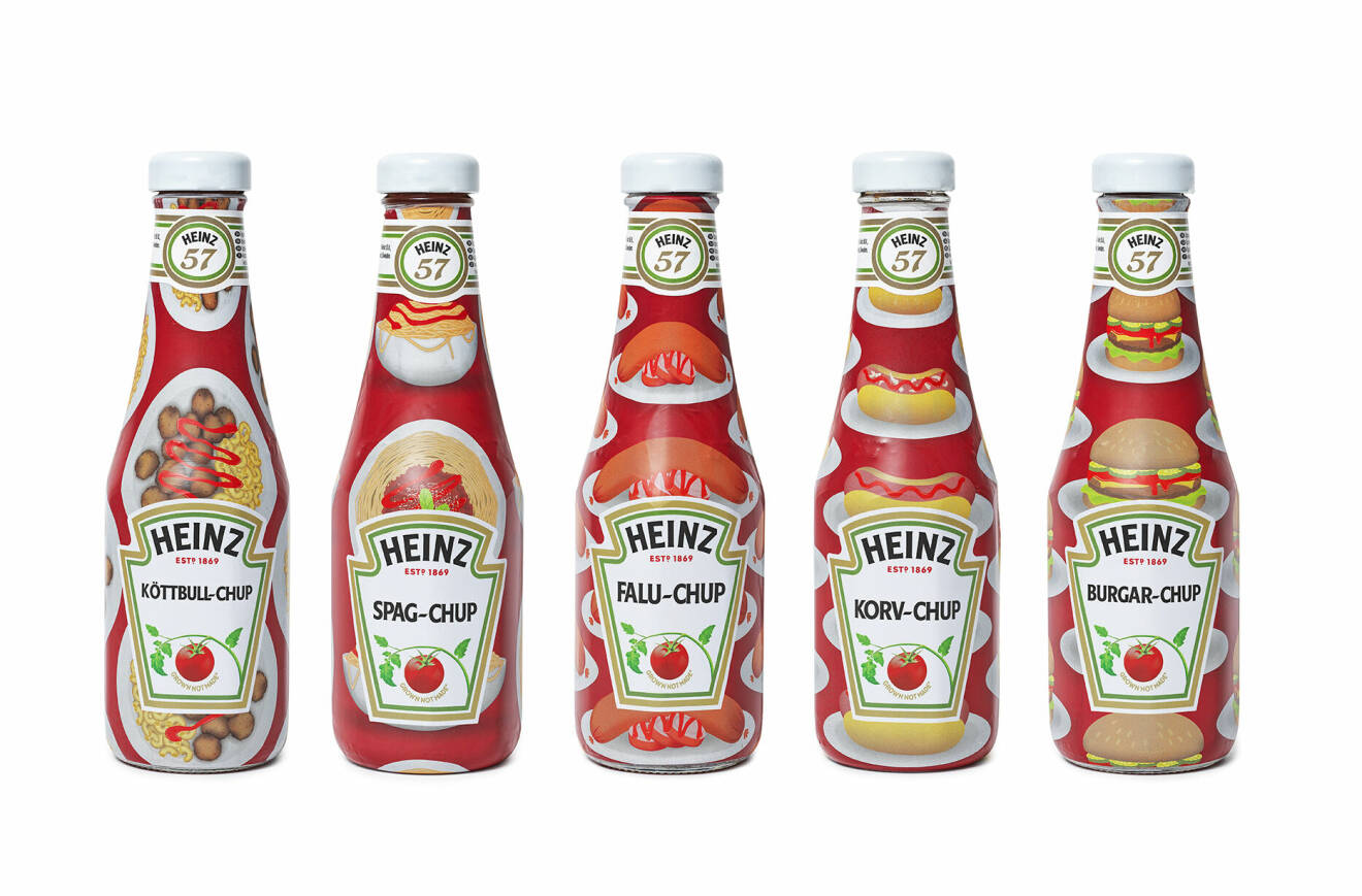 Heinz fem limited edition-flaskor med motiv av de vi mest äter ketchup till.