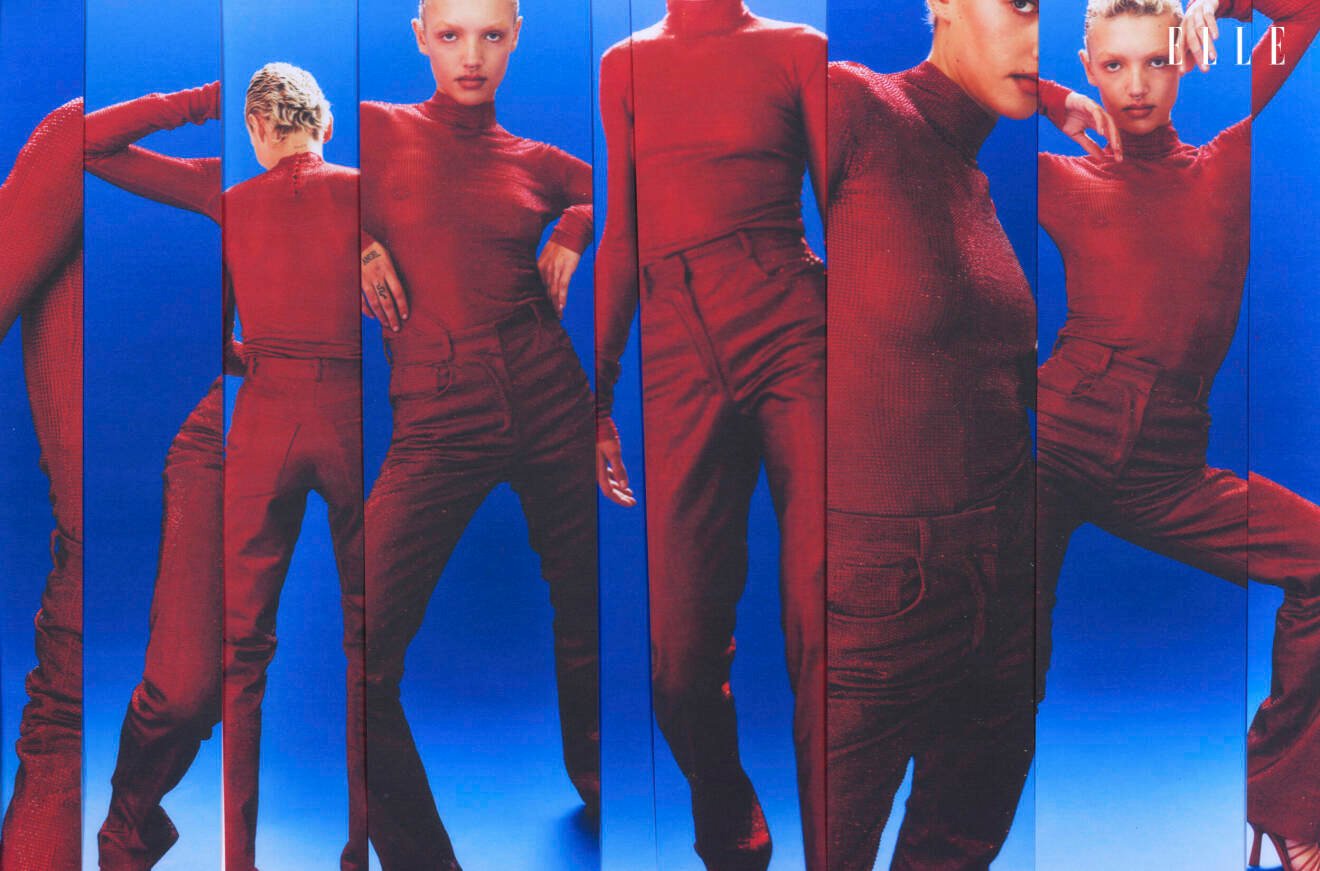 Bildcollage på fotomodellen i röd topp och röda jeans från Salvatore Ferragamo