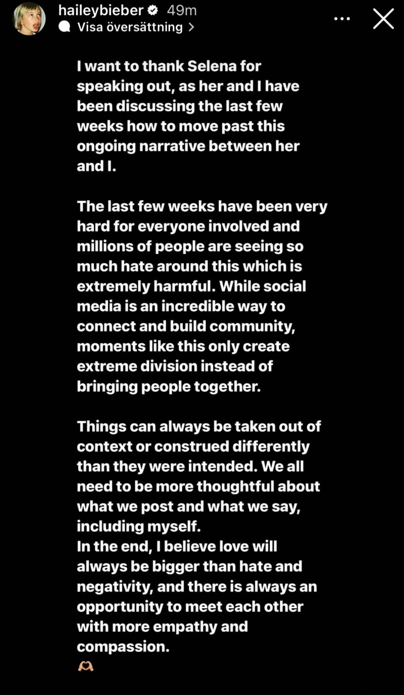 Hailey Biebers uttalande på Instagram.