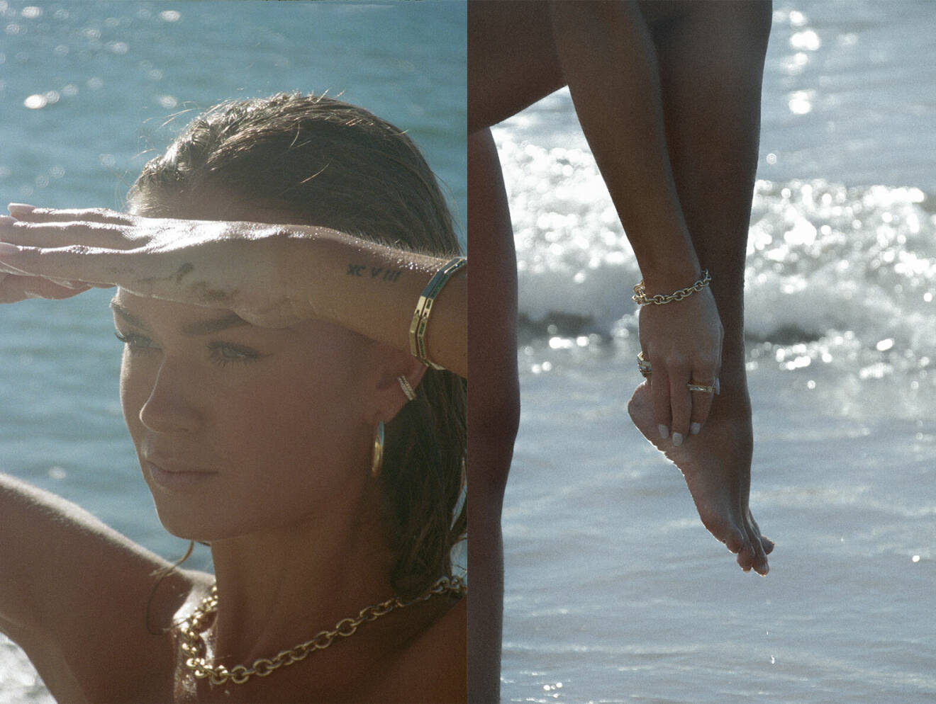 Hanna Schönberg i vattnet presenterar guld halsband, ringar och armband.