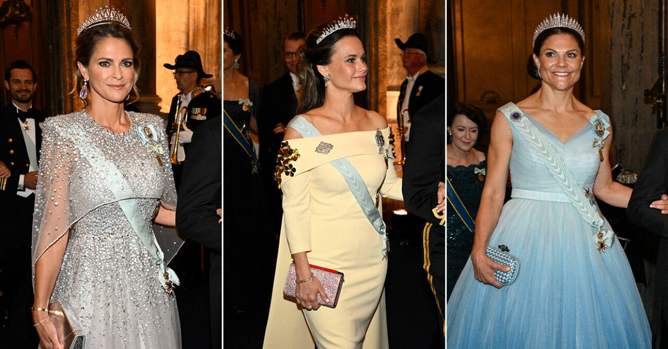 Prinsessan Madeleine, prinsessan Sofia och kronprinsessan Victoria vid kungens jubileumsmiddag 2023.