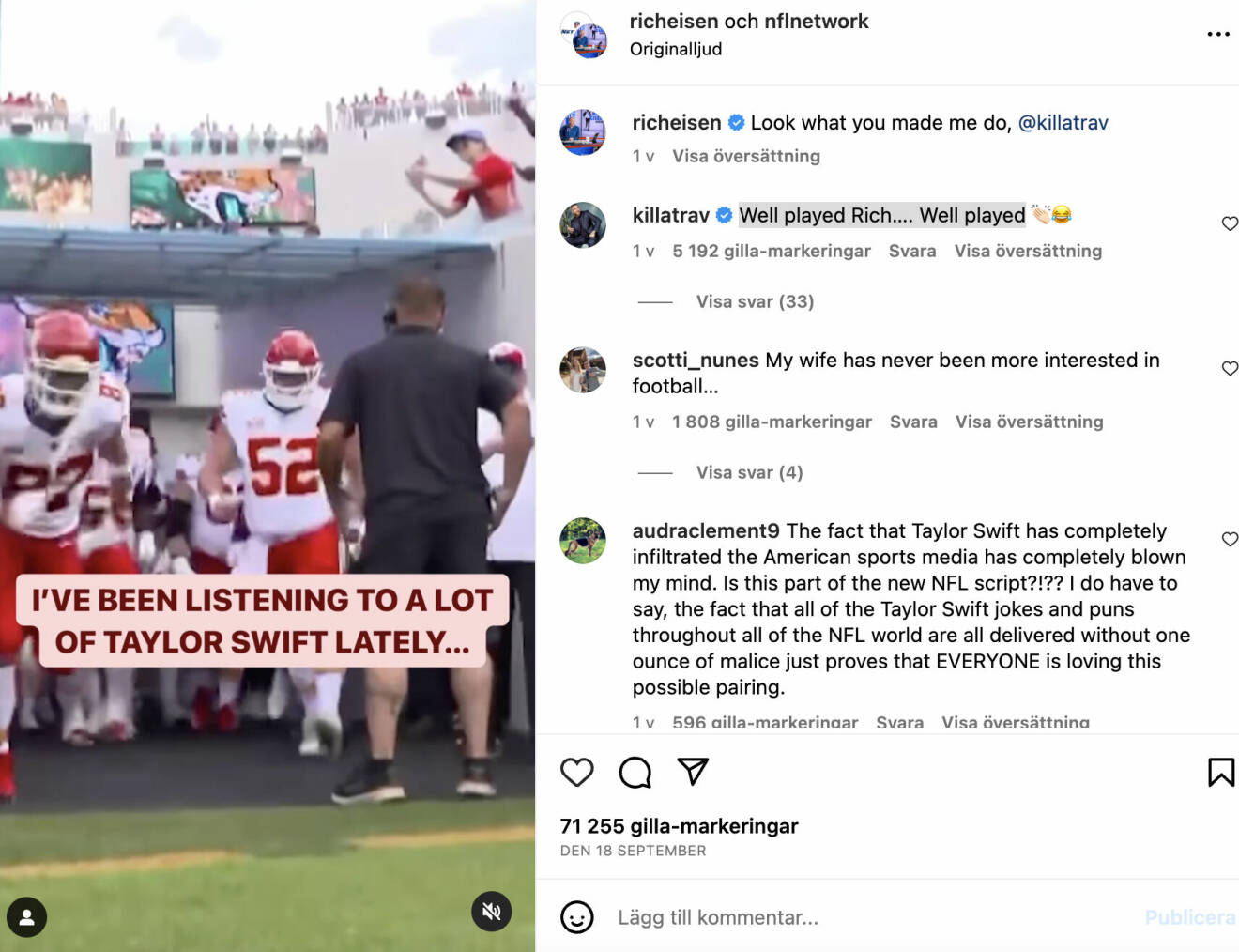 Travis Kelce kommenterar på NFL-kommentators Instagram