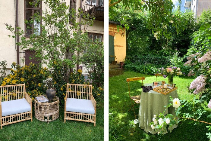 Innergården är en privat oas med massvis av grönska. Här hade vi gärna tillbringat en sommardag! Innergård på östermalm