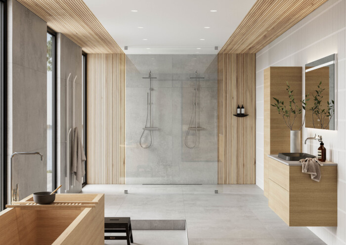 Rena linjer, naturmaterial och spa-fokus skapar den skandinaviska stilen med japansk känsla i badrummet. Foto: Iconic Nordic Rooms skandinavisk och japansk stil i badrummet