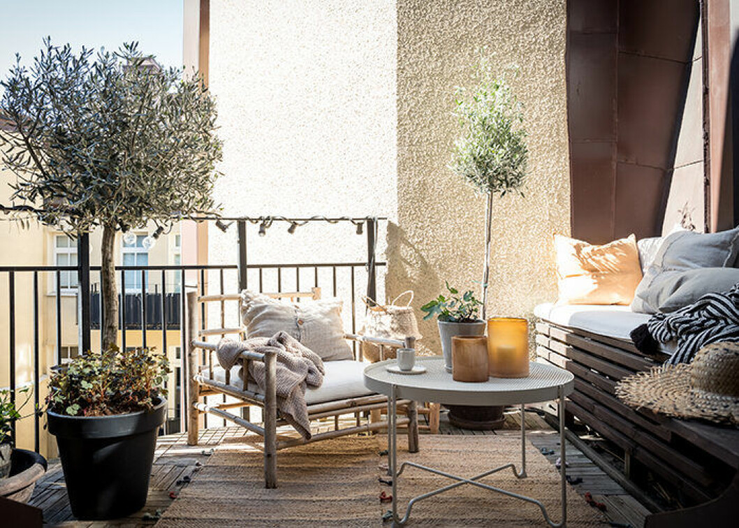 Lyxskandinavisk balkong med olivträd 