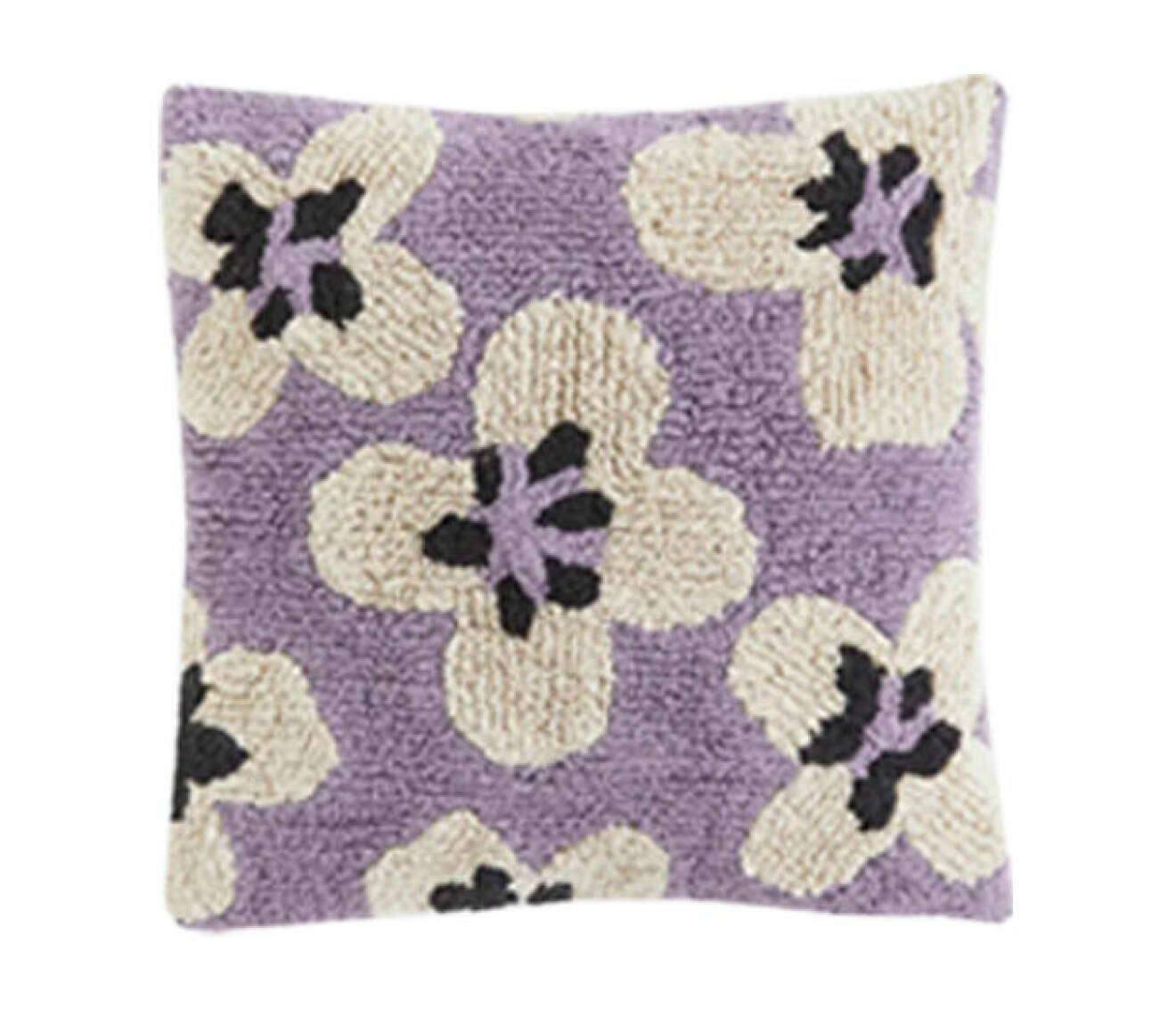 Lila kudde med ett tryckt mönster av violer.