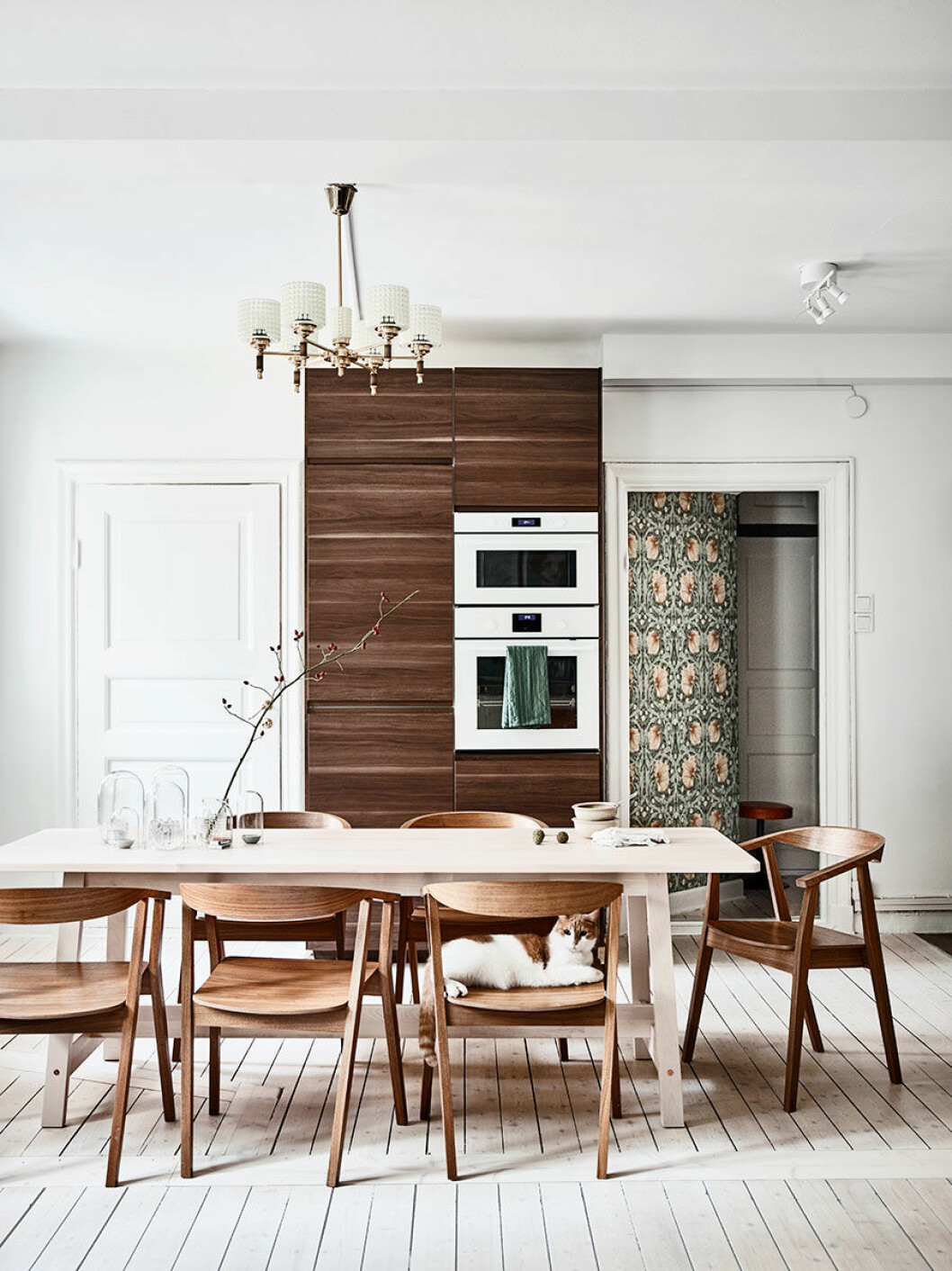 De vitmålade väggarna och det betsade plankgolvet ger en perfekt fond åt de varma träslagen i köksinredning och matgrupp. Bord, stolar och köksluckor kommer från Ikea och taklampan är köpt på Antikladan i Lilla Edet. På bordet står loppisfyndade glaskupor i olika storlekar. Tapeten som skymtar i hallen är från William Morris och heter Pimpernel. 