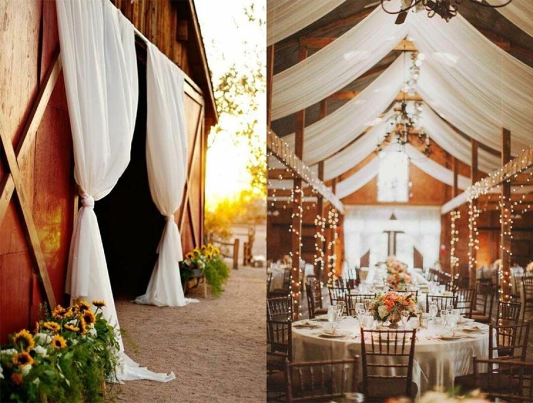 Via: <a href="http://blog.beau-coup.com/how-to-throw-a-gorgeous-barn-barnyard-wedding-thats-both-elegant-and-rustic-ideas" target="_blank" rel="noopener">beaucoup</a> & <a href="http://www.modwedding.com/2015/03/charming-vintage-decor-totally-transforms-virginia-wedding-venue/" target="_blank" rel="noopener">modwedding</a> Vita tyger hängandes i en lada som dekoration