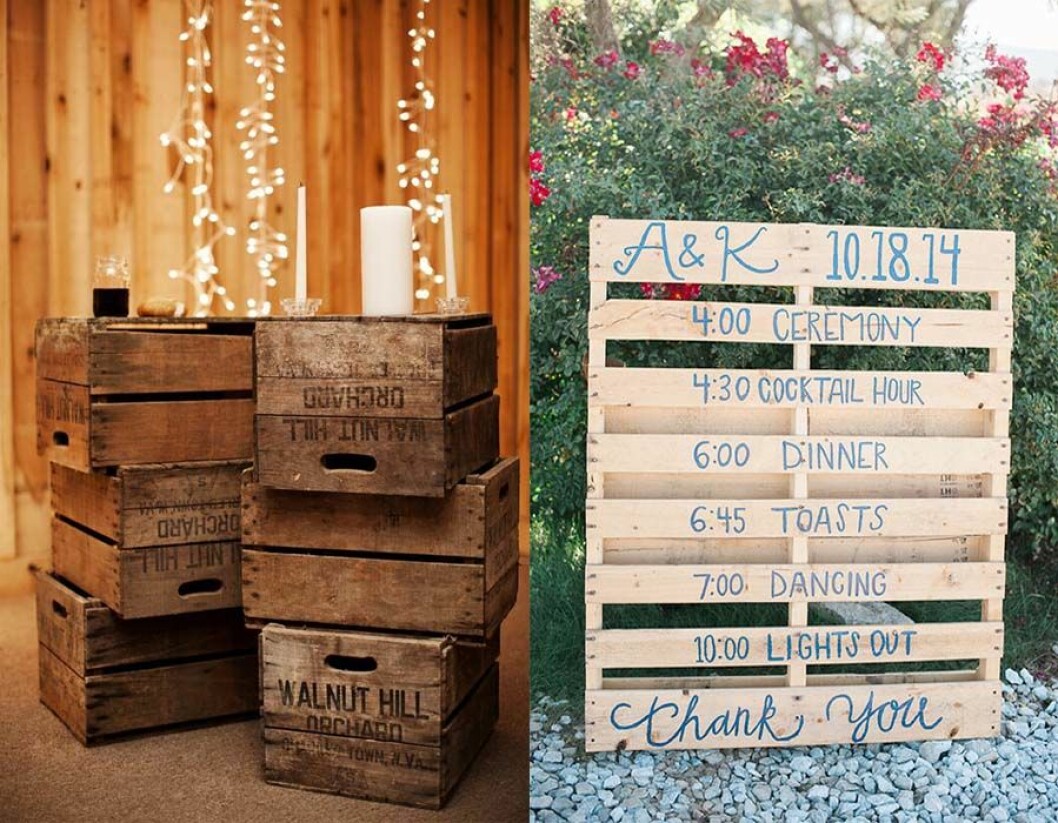 Via: <a href="http://www.homedit.com/repurposed-wine-crates/" target="_blank" rel="noopener">Homedit</a> & <a href="https://www.bloglovin.com/blogs/100-layer-cake-567656/colorful-rustic-barn-wedding-amanda-kevin-4304455777" target="_blank" rel="noopener">100 layer cake</a> Återanvänd gamla trälådor för rustik känsla och snygg inredningsdetalj