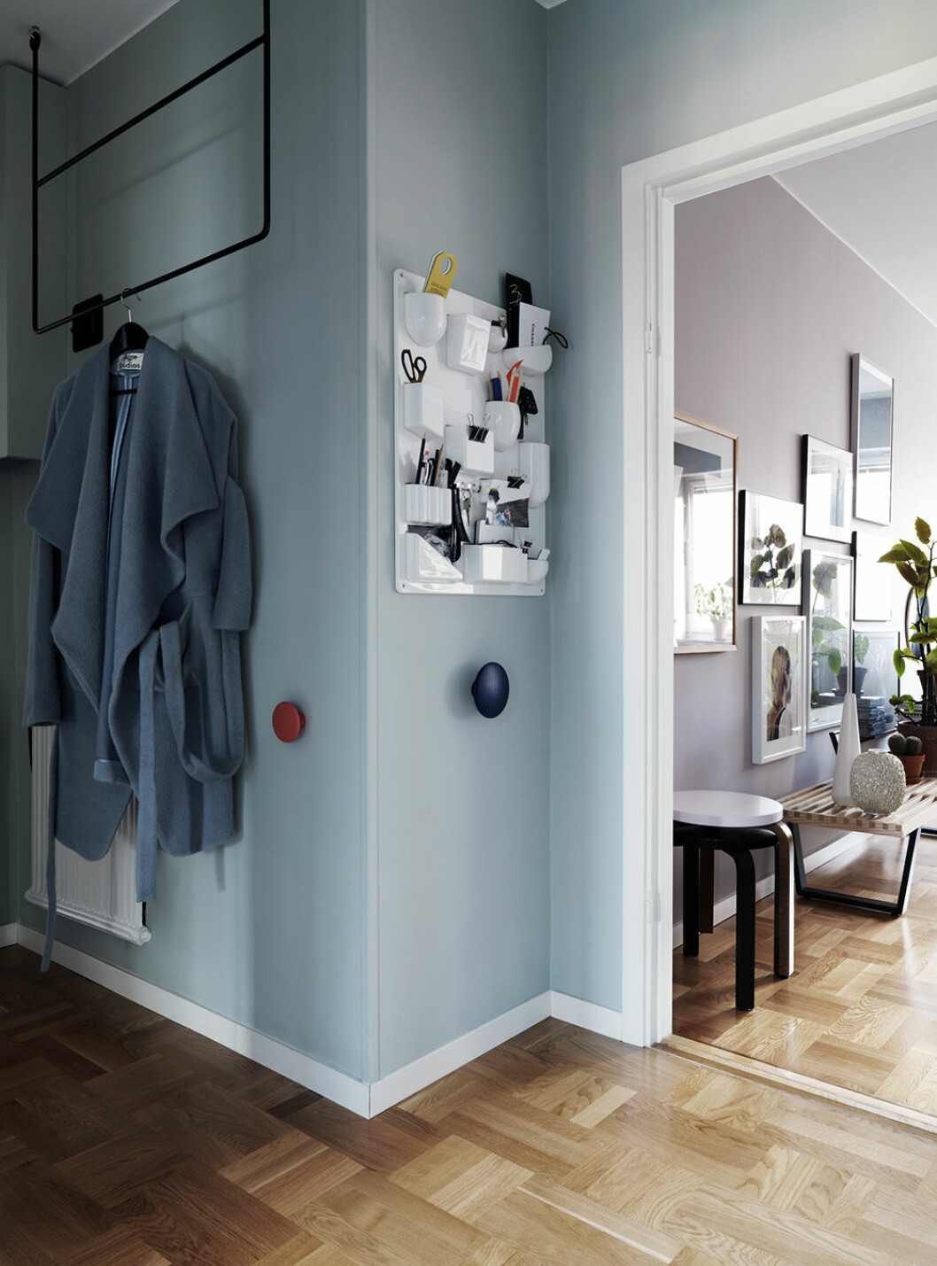 Tips! Våga sätta färg på hallen – det gör ett stort intryck på liten yta. Foto: Jonas Ingerstedt Hall i blått med klädhängare från Annaleena Leino