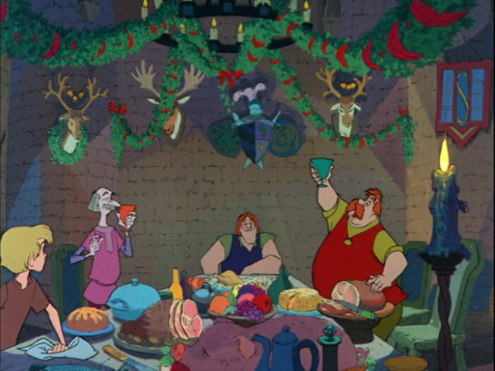 Karaktärerna äter kalkon vid sin julmiddag i filmen Disneys film <span class=" italic" data-lab-italic_desktop="italic">Svärdet i stenen</span>. Julmiddag i filmen Disneys Svärdet i stenen