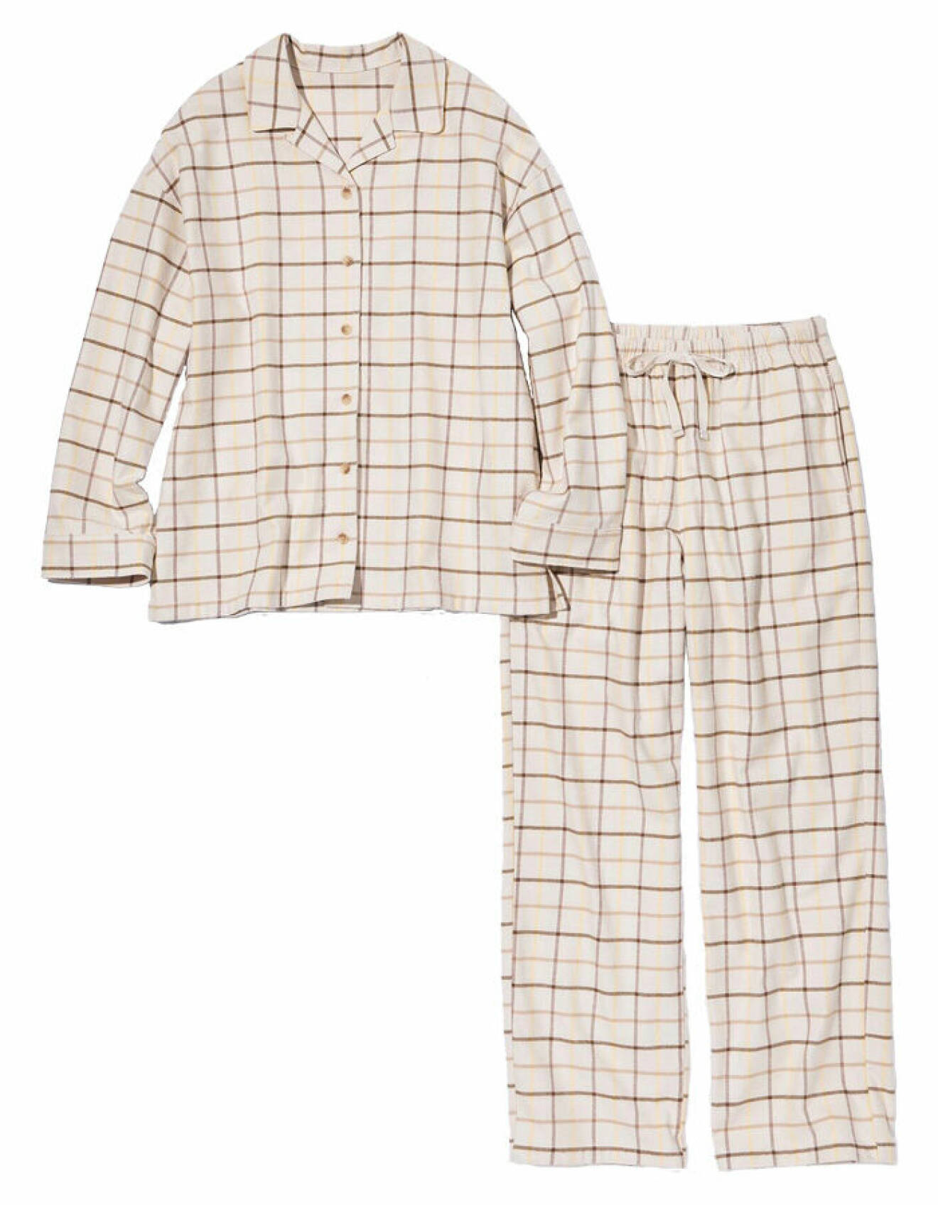 rutigt pyjamasset i brun och beige nyans tillverkat i bomullsflanell från Uniqlo