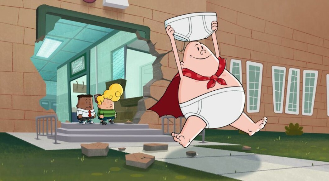 Kapten Kalsong och hans vänner är tillbaka! En bild från den animerade barnserien Kapten Kalsong på Netflix.