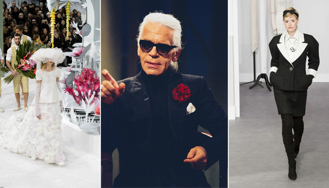 Nyligen avlidne Karl Lagerfeld och två av hans ikoniska looks.