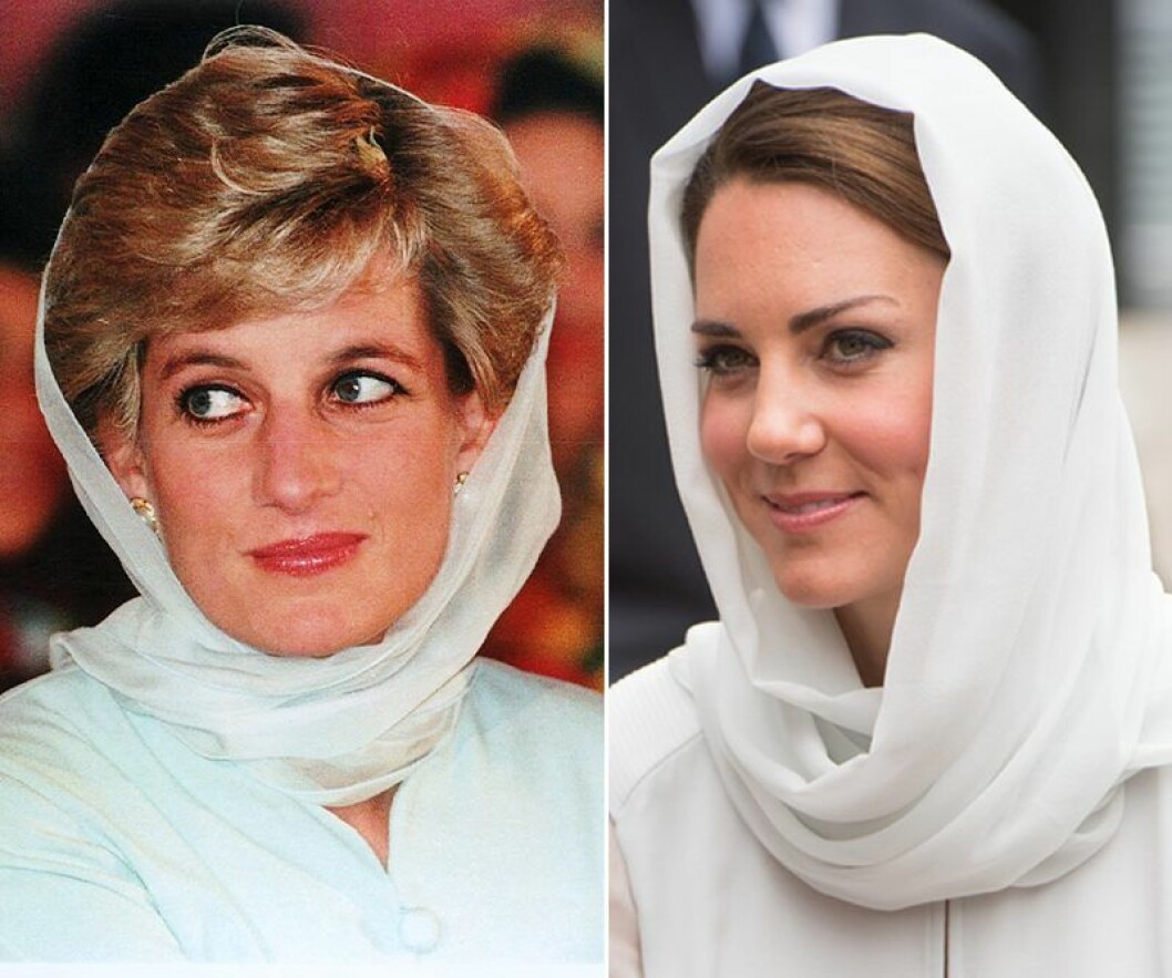 Kate Middleton och prinsessan Diana i vit sjal på huvudet