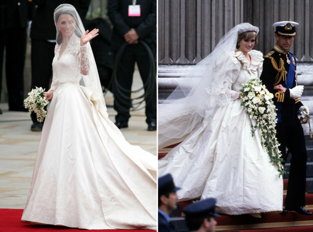 Kate Middleton bar en bröllopsklänning från Sarah Burton/Alexander McQueen och prinsessan Dianas bröllopsklänning designades av Elizabeth Emanuel