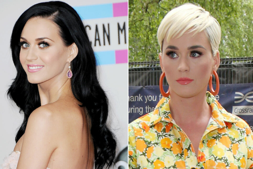 Katy Perry bytte frisyr totalt. Katy Perry i långt mörkt hår och i kort och blont