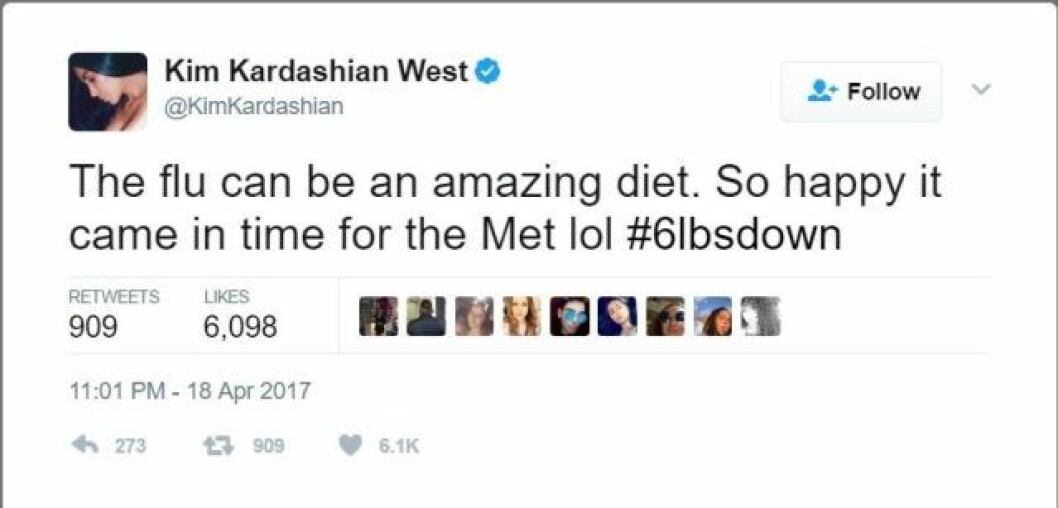 ”Influensan kan vara en fantastisk diet. Så glad att den kom i tid innan Met-galan lol. #2,7kglättare.”