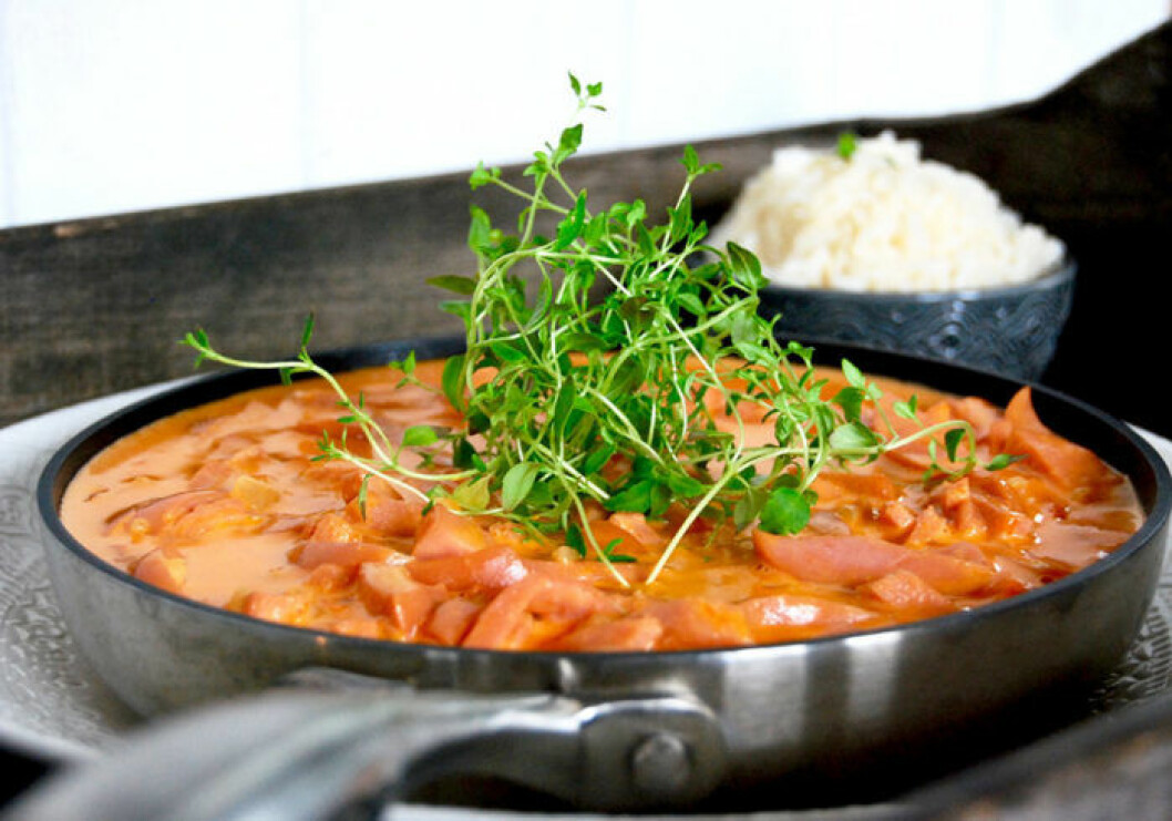 Mästerkockens korv stroganoff med ris.