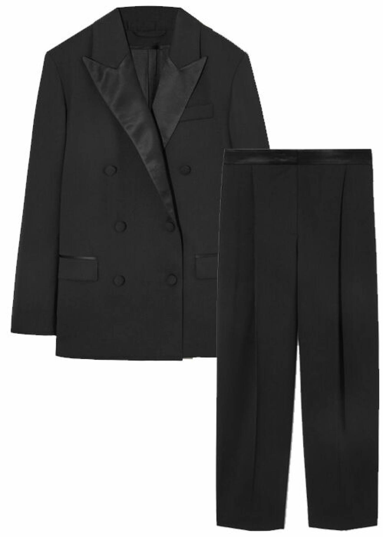 svart smokinginspirerad kostym med kavaj och matchande byxor med pressveck från Cos