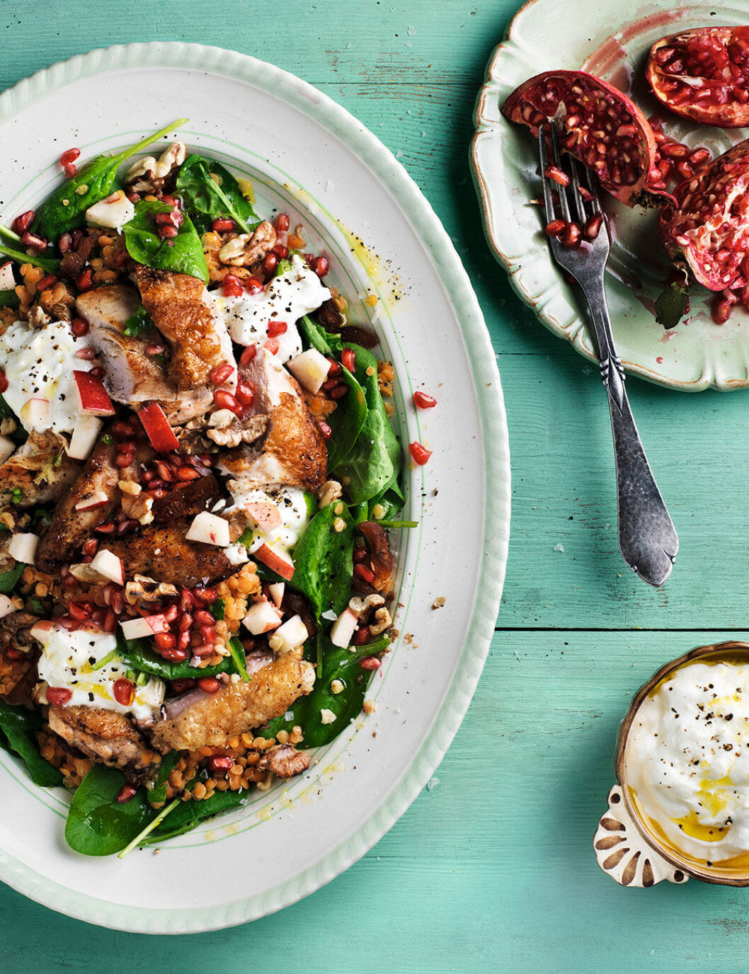 Kycklingsallad med äpple, röda linser och fetaostkräm. Kycklingsallad med äpple, röda linser och fetaostkräm.