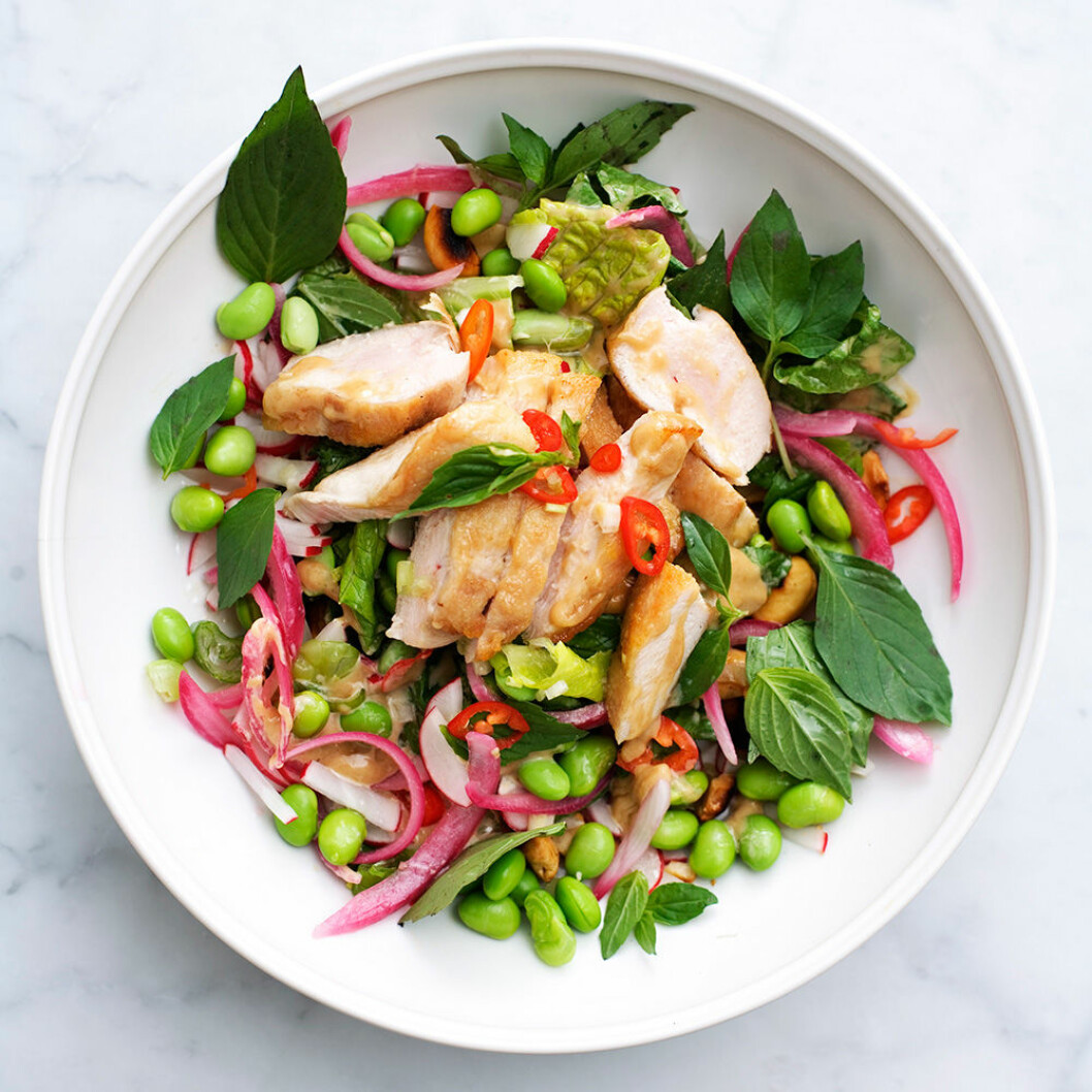 Kycklingsallad med edamamebönor och tahinidressing. Kycklingsallad med edamamebönor och tahinidressing.