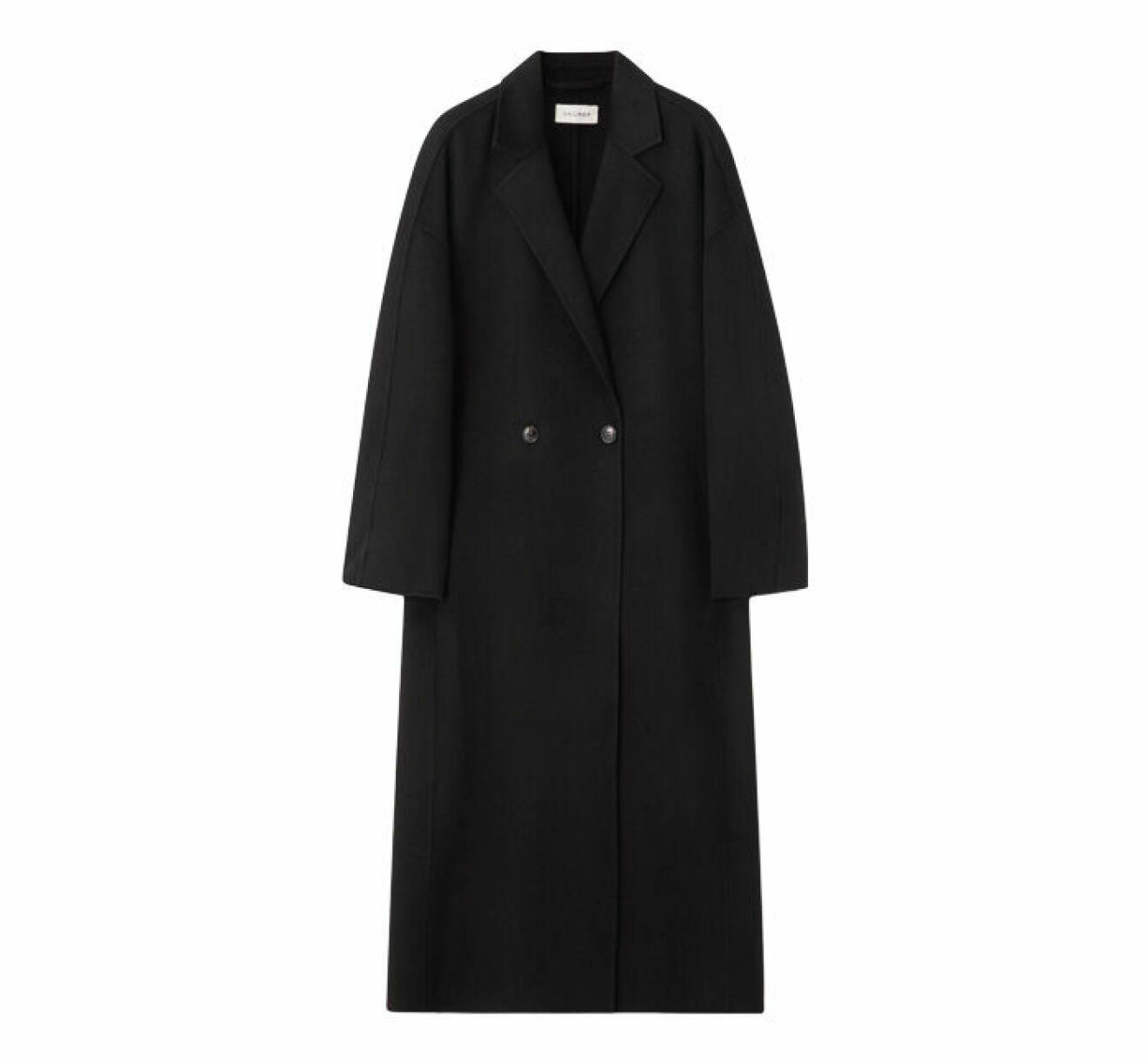 lång kappa i svart nyans gjord i dubbelvävt ull med knappstängning från Dagmar