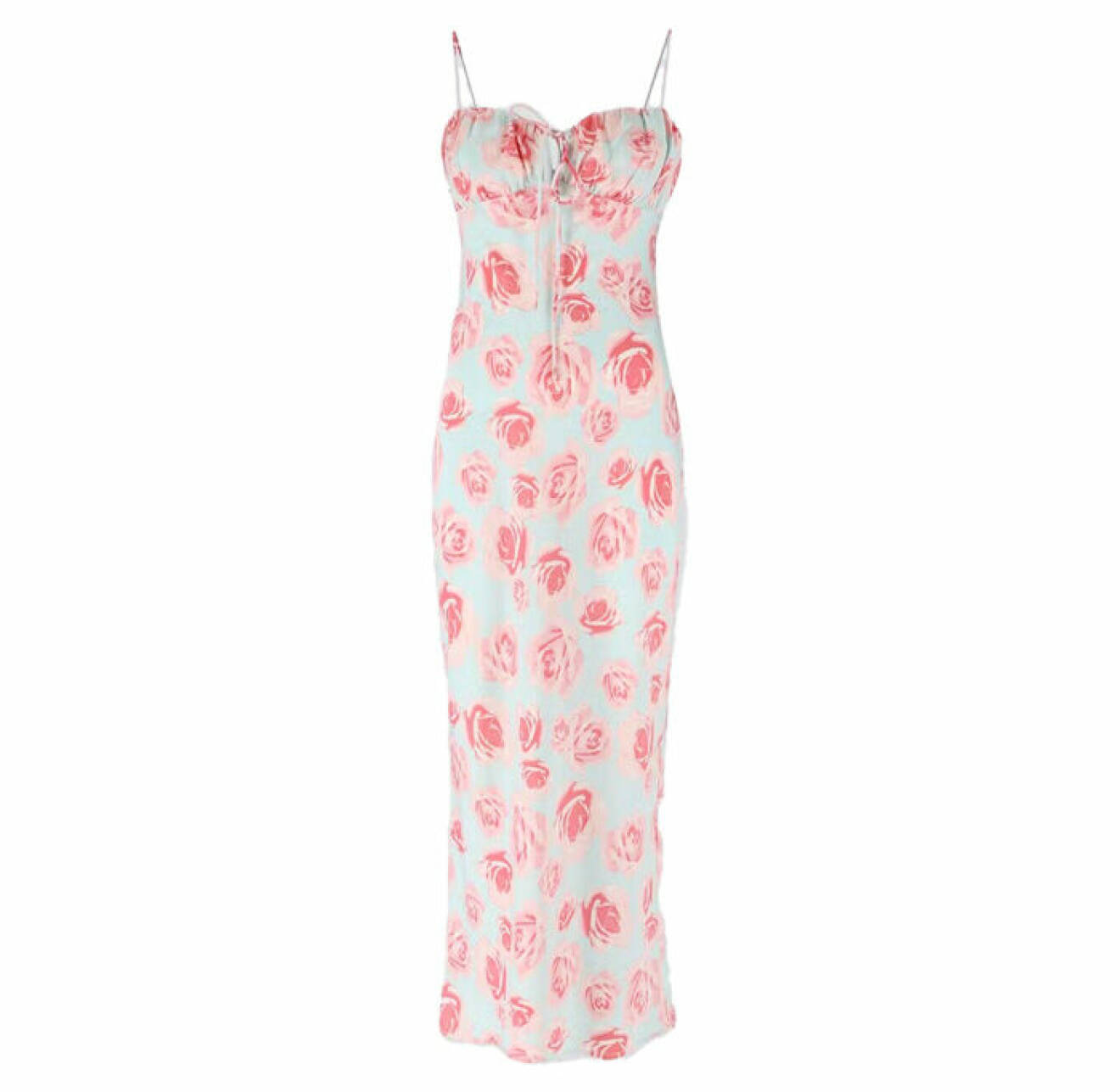lång klänning gjord i satin med rosa blommor och rynkad byst från Gina tricot