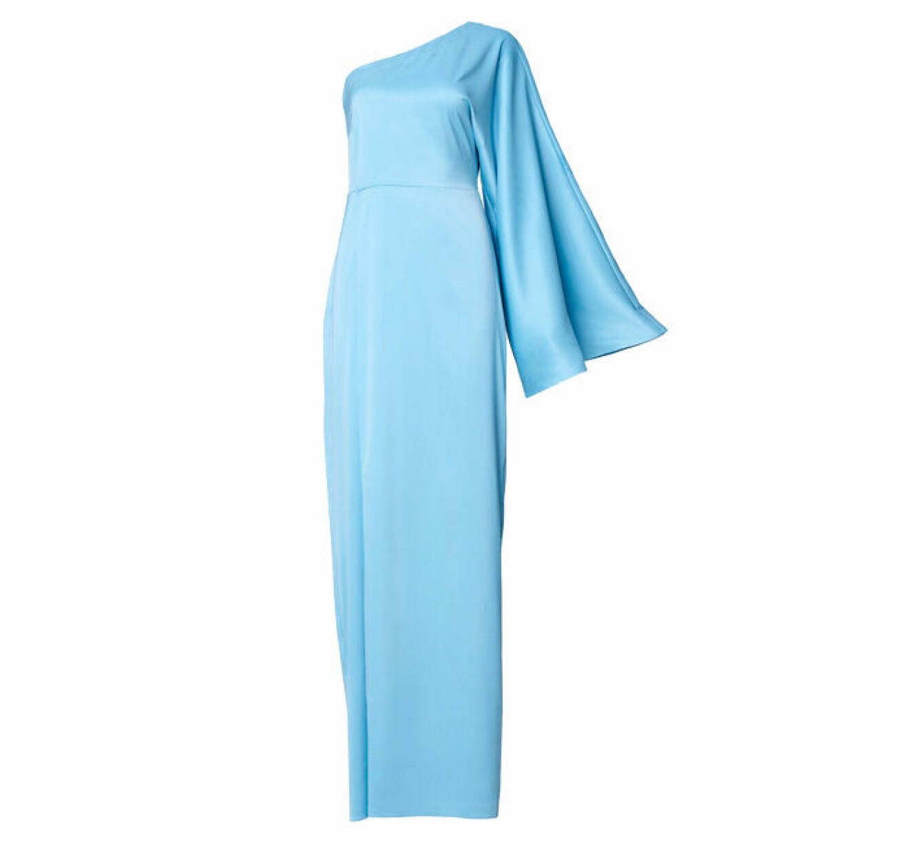 ljusblå långklänning med enaxlad design och markerad midja från Adoore