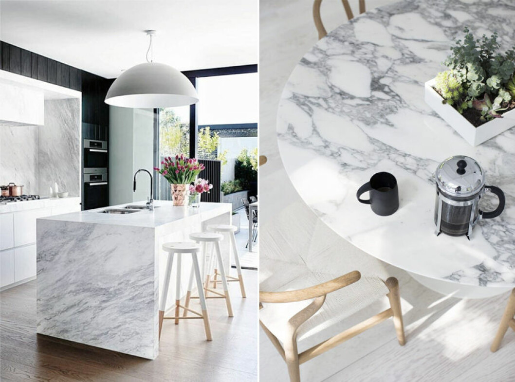 Köksö och matbord i marmor