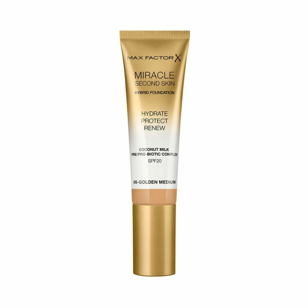 En hybrid foundation med spf 20 att testa är Mircacle second skin från Max factor.