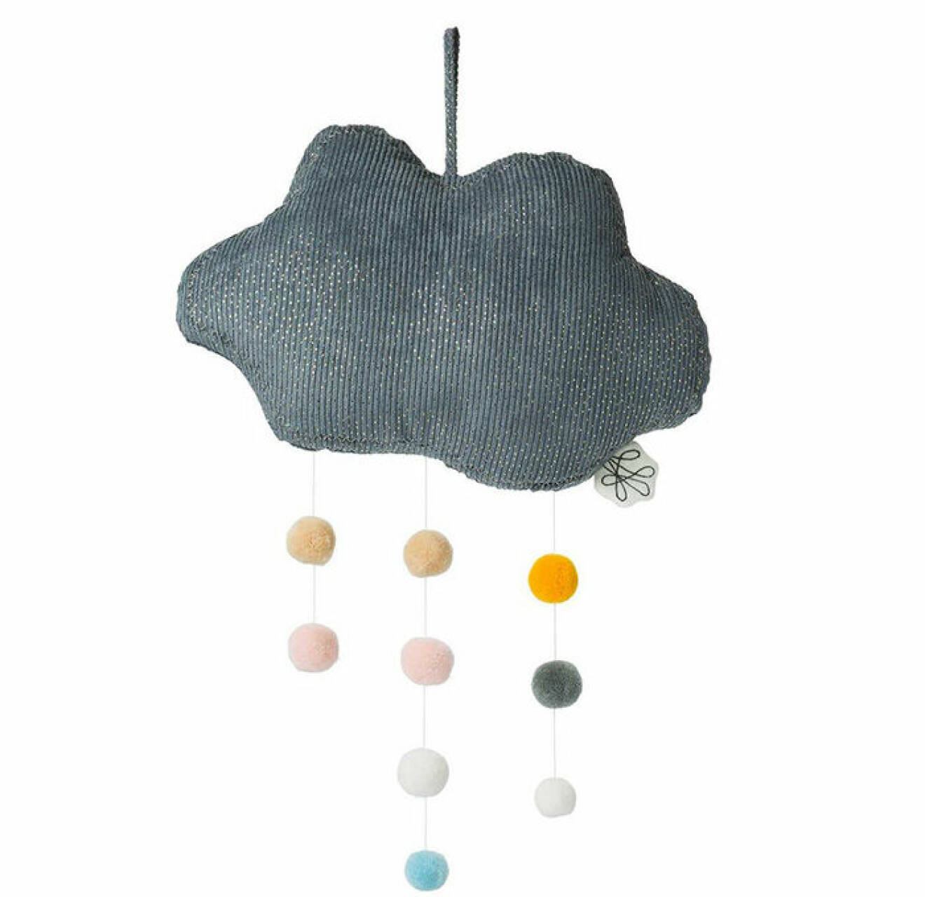 mobil i form av grått moln med hängande, färgglada pom pom