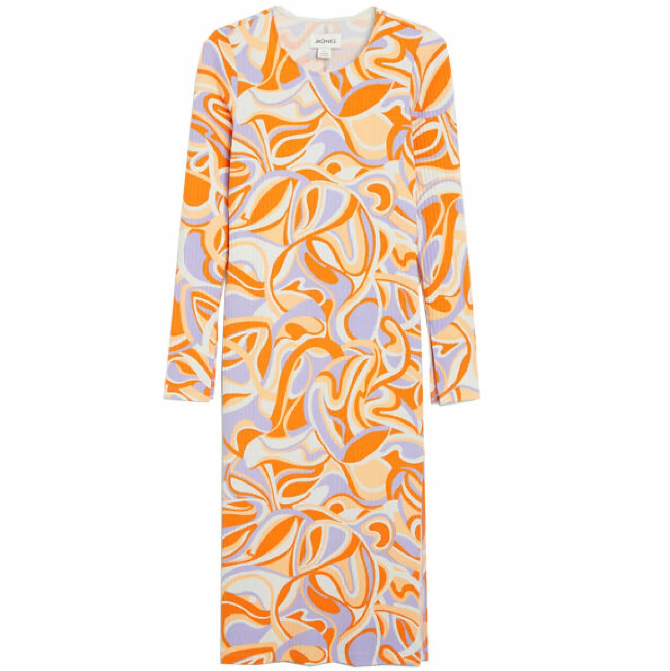 mönstrad orange ribbstickad klänning inspirerat av 70-talets mode vintern 2021