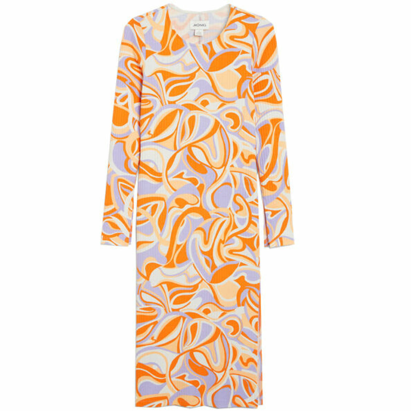 mönstrad orange ribbstickad klänning inspirerat av 70-talets mode vintern 2021