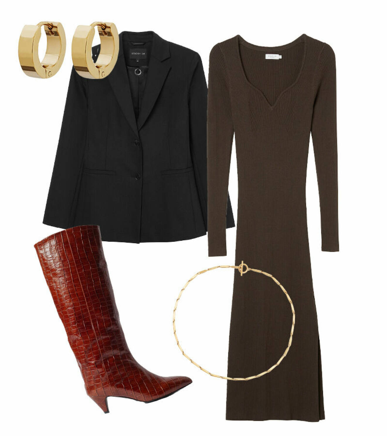 MQ höstmode trender stylingtips stickad klänning brun lång stövlar blazer
