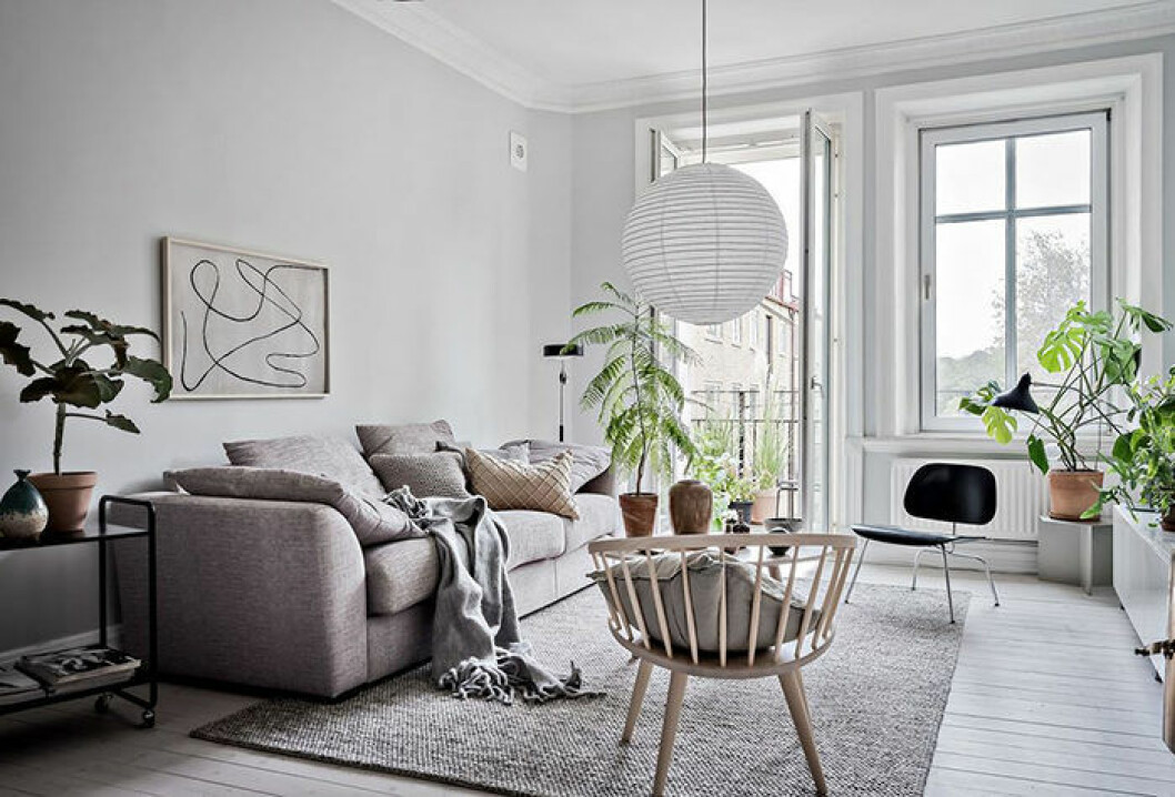 Foto: Alen Cordic/SE360 Styling: Emma Fischer för <a href="https://www.instagram.com/bjurfors_goteborg/?hl=sv" target="_blank" rel="noopener">Bjurfors</a>/mäklare: Malin Bjerkhede Mysigt vardagsrum med gröna växter