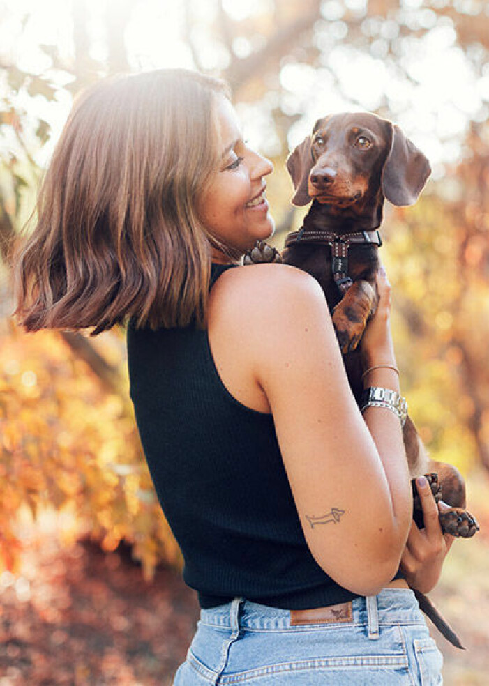 Nicoles hund är en dvärgtax som heter Frank. Nicole Falcianis hund tax