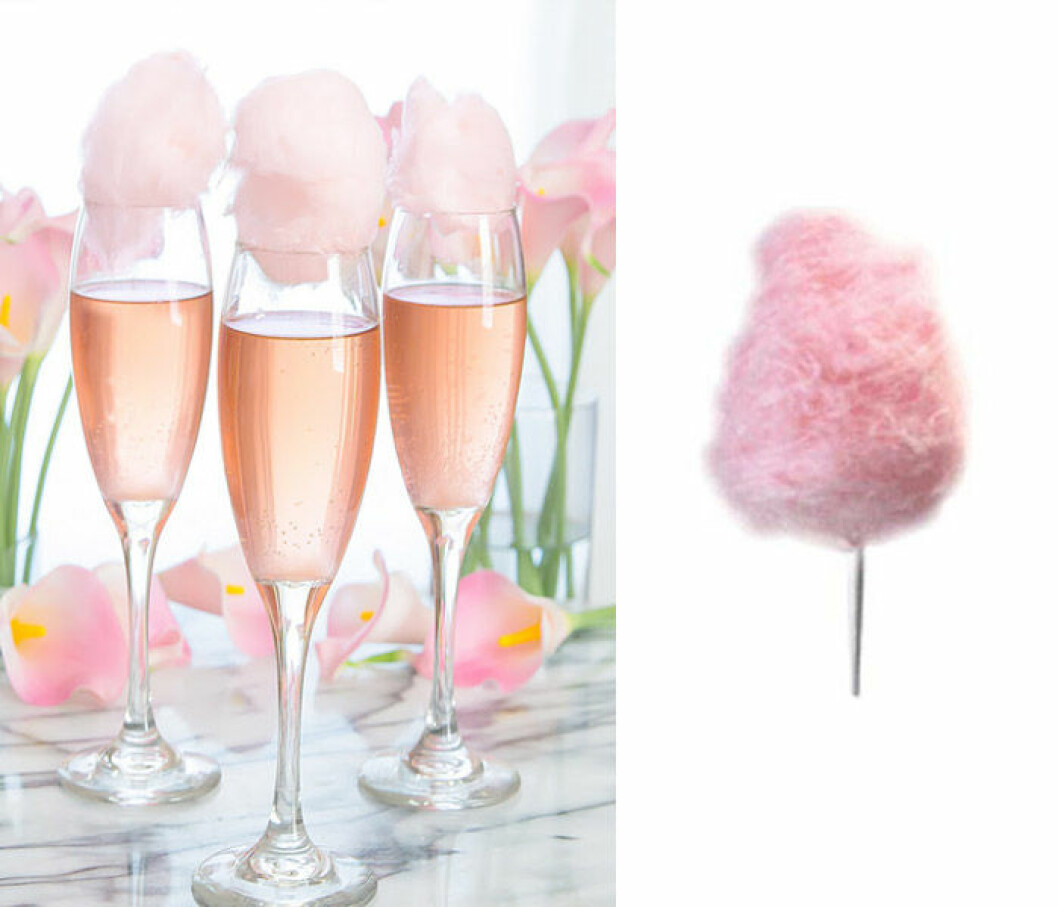 Via: <a href="http://kirbiecravings.com/2016/07/cotton-candy-champagne-cocktails.html">Kirbiecravings</a> & sockervadd, finns i godisbutiker Champagne med sockervadd